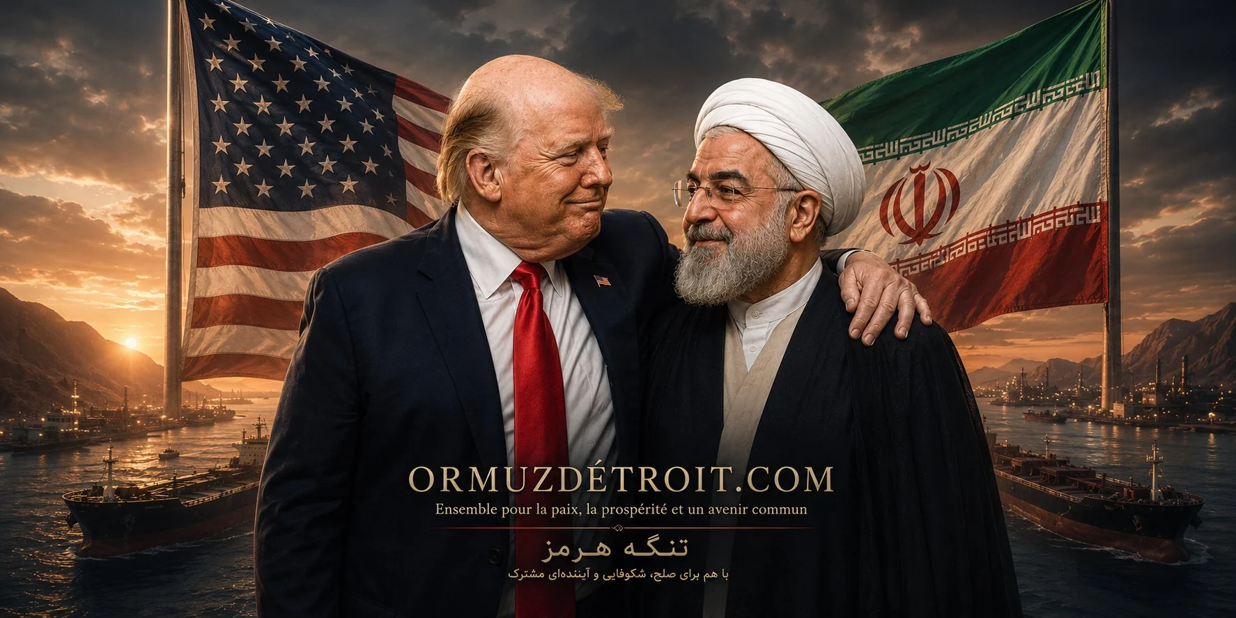 Vue du détroit d'Ormuz au coucher de soleil avec drapeaux USA et Iran